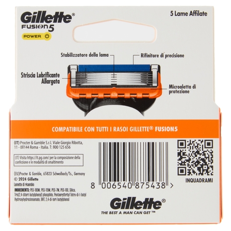 Gillette Lamette Rasoi Uomo Fusion5 Power per Rasoio a 5 Lame, Confezione da 4 Lamette Barba
